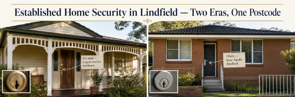 Comparison of a traditional Lindfield weatherboard home with original mortice lock hardware and a 1960s brick home with a lever handle deadlock.