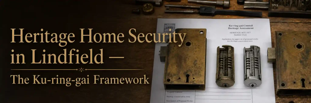 Traditional brass mortice lock hardware and modern lock cylinders displayed beside a heritage assessment document for a Lindfield property.