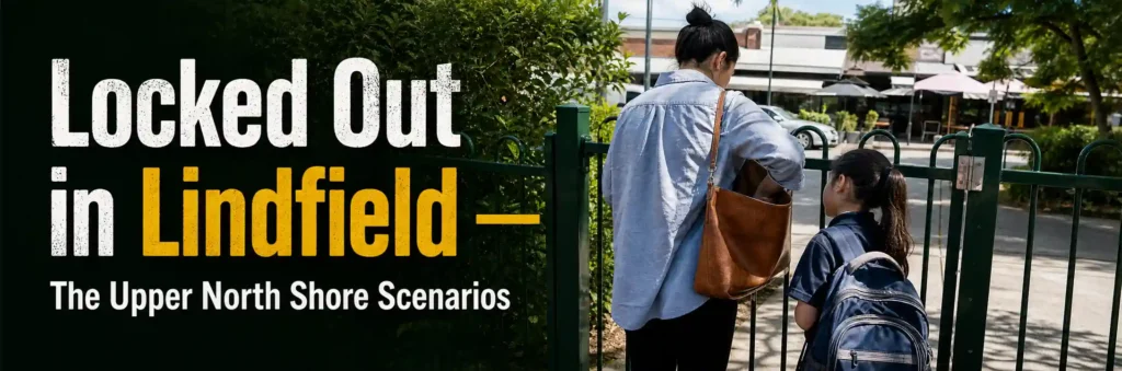 Woman and school-aged child standing outside a locked green gate in Lindfield, illustrating a residential lockout situation on Sydney's Upper North Shore.