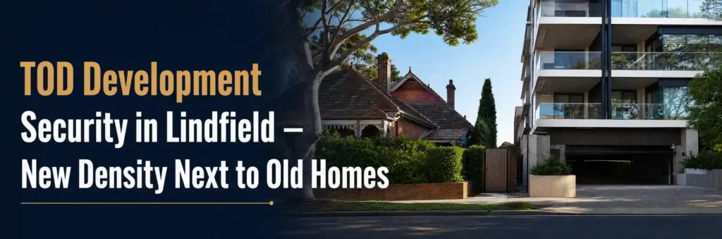 Modern apartment development beside established heritage-style homes in Lindfield, illustrating changing residential security considerations.